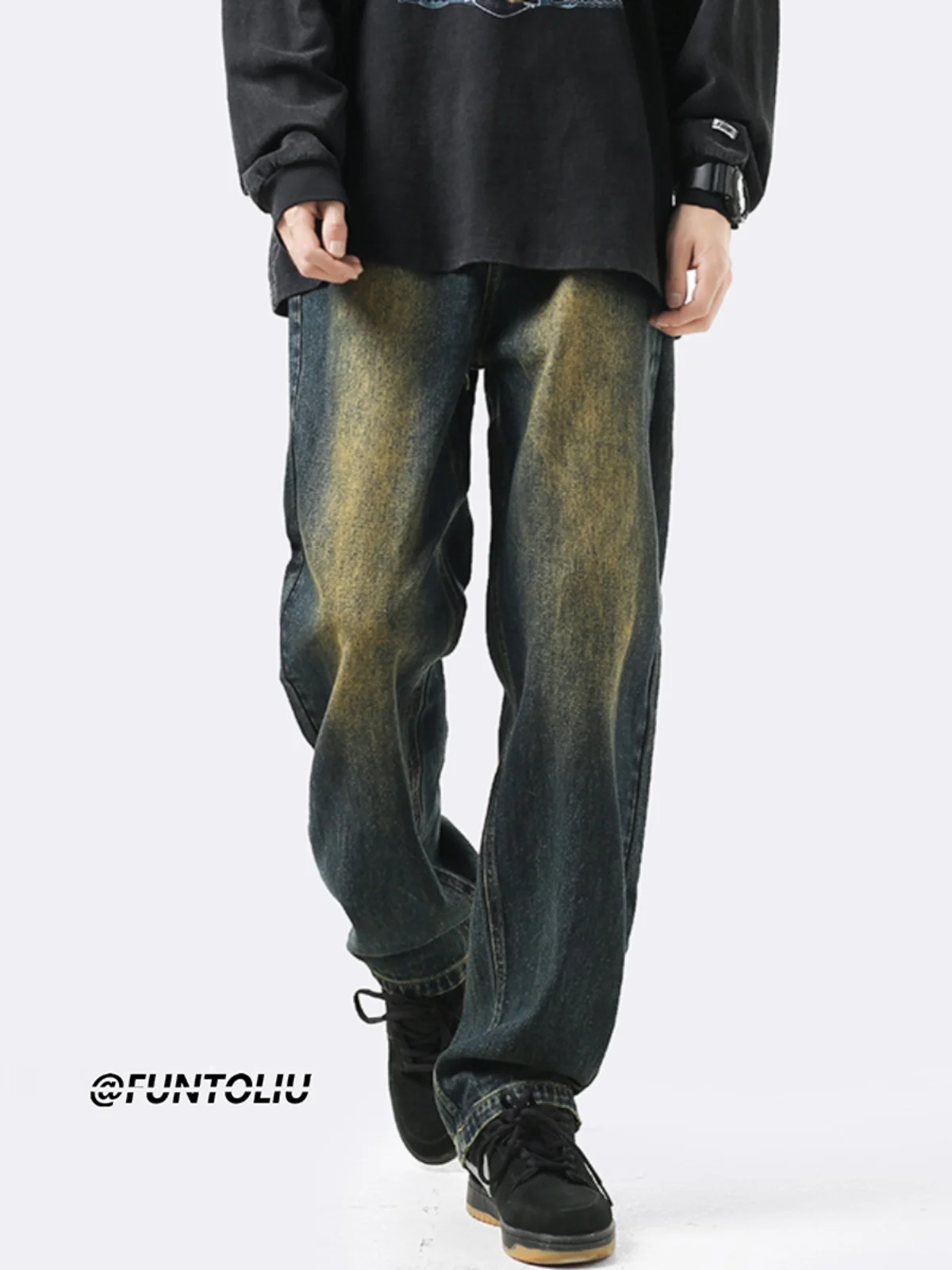

Retro Blue Men's Jeans Trendy Autumn Waed Distred Flared Straight Leg High Street Vibe American Micro Flared Pants