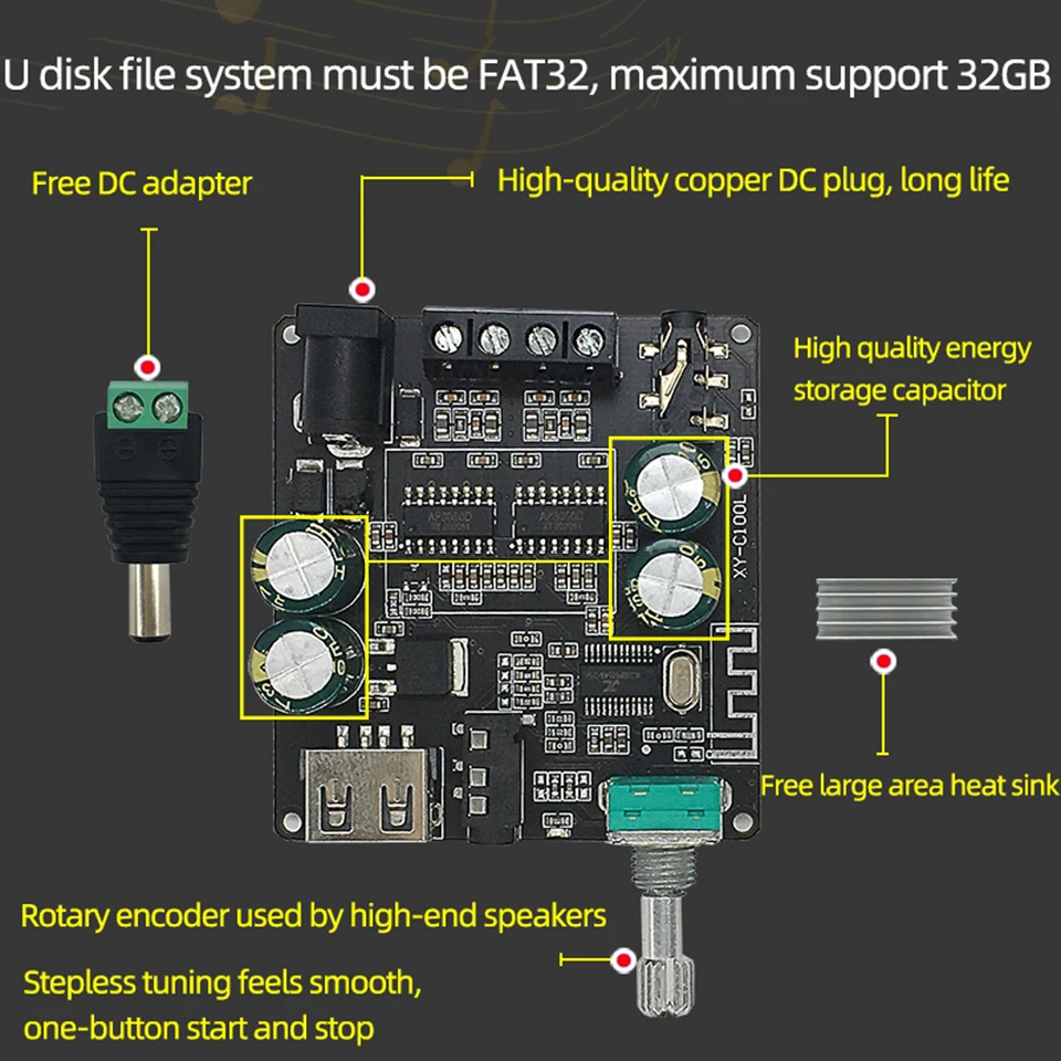 2*100W Bluetooth 5.0 Digital Power Amplifier Board  AUX Speaker 2.0 CH Stereo Home Music Wireless Module Audio AMP