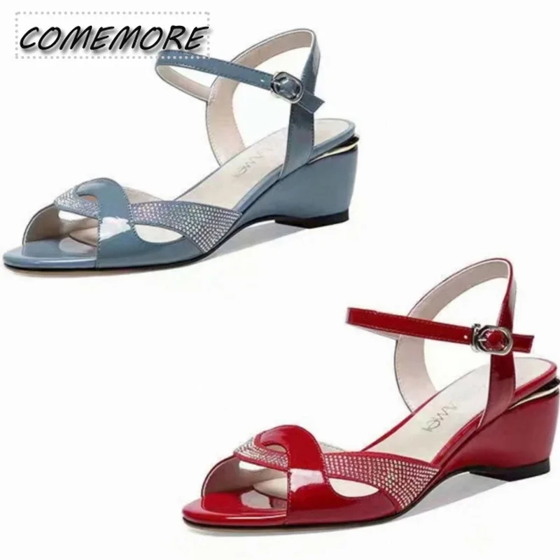 2023 Women\'s Elegant Mid Heel Sandals Fashion Sexy Rhinestone Summer Shoes Ankle Buckle Strap Peep Toe Blue Red Casual footwear