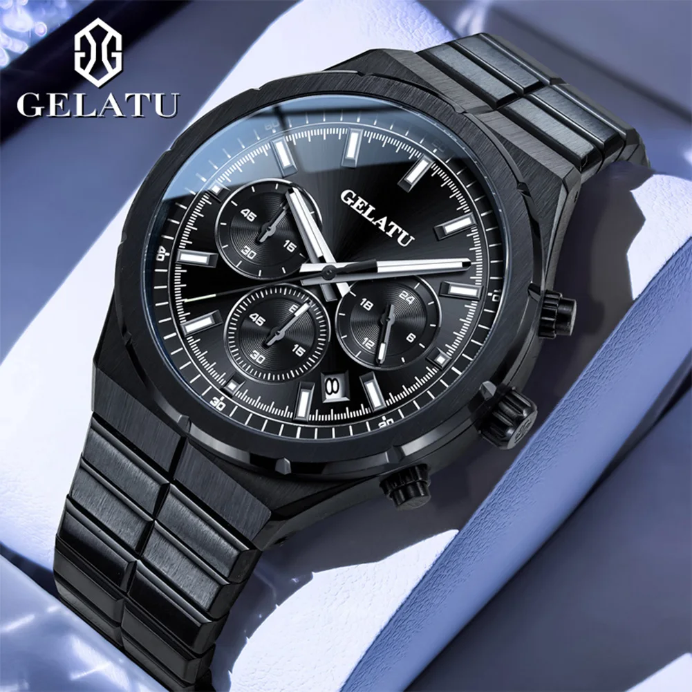 

GELATU New Black Steel Men's Watches Top Luxury Quartz Watch For Men Auto Date Speed Chronograph Calendar Wrist watch