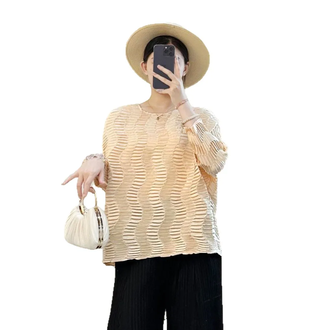 مياكي مطوي متموجة بأكمام طويلة تي شيرت الخريف ملابس واحدة جولة الرقبة قمة عصرية مطوي فضفاض ملابس نسائية عادية