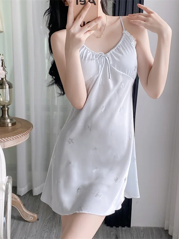 2024 New Silver Hot Butterfly Suspender Nightgown For Women Summer, Ice Silk Girl With Chest Cushion Sexy Dress Elegant Y7GQ