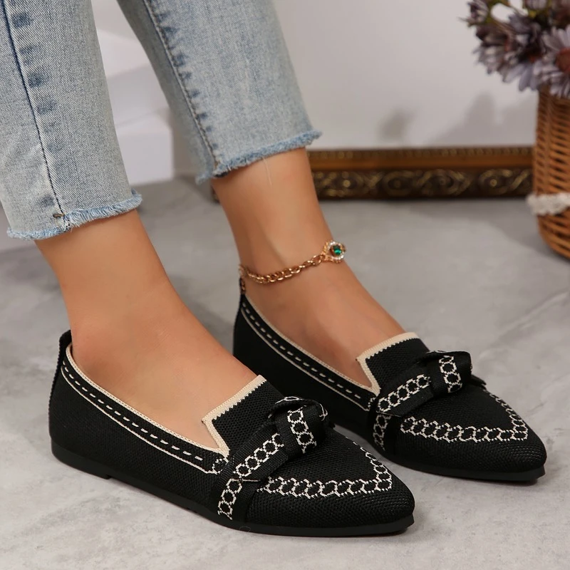 

Summer new women's knitted flat shoes comfortable breathable solid color casual pointed toe lightweight loafers large size 43