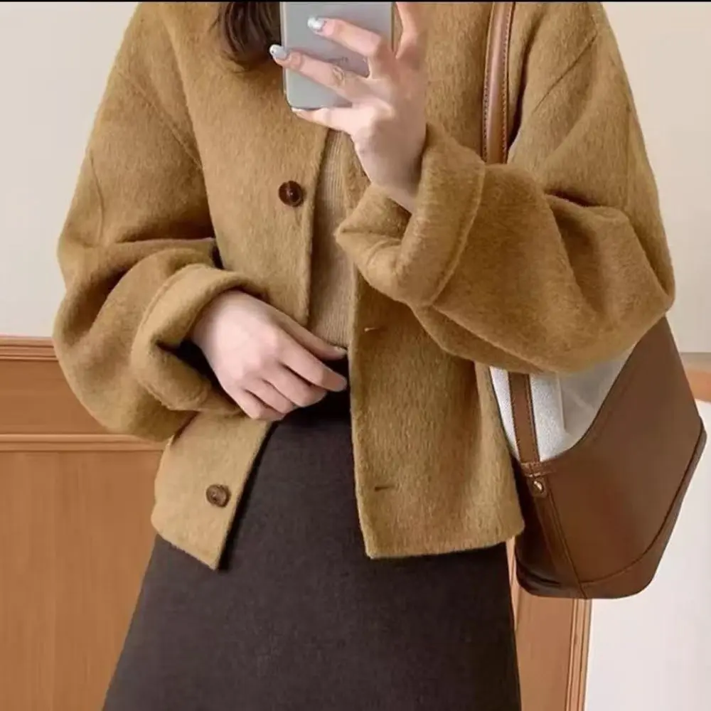 

Double-Sided Cashmere Coat Women Short 2026 Autumn Winter New O-Neck Single-Breasted Wool Jacket Female Loose Outwear