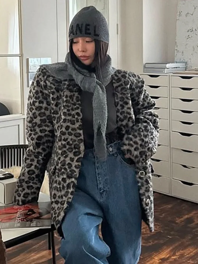 ريترو Sli V-Ne ليوبارد طباعة فرو الضأن القطن Jaet ort ملابس خارجية المرأة شتاء جديد مزدوج كيت سترة مفتوحة #3