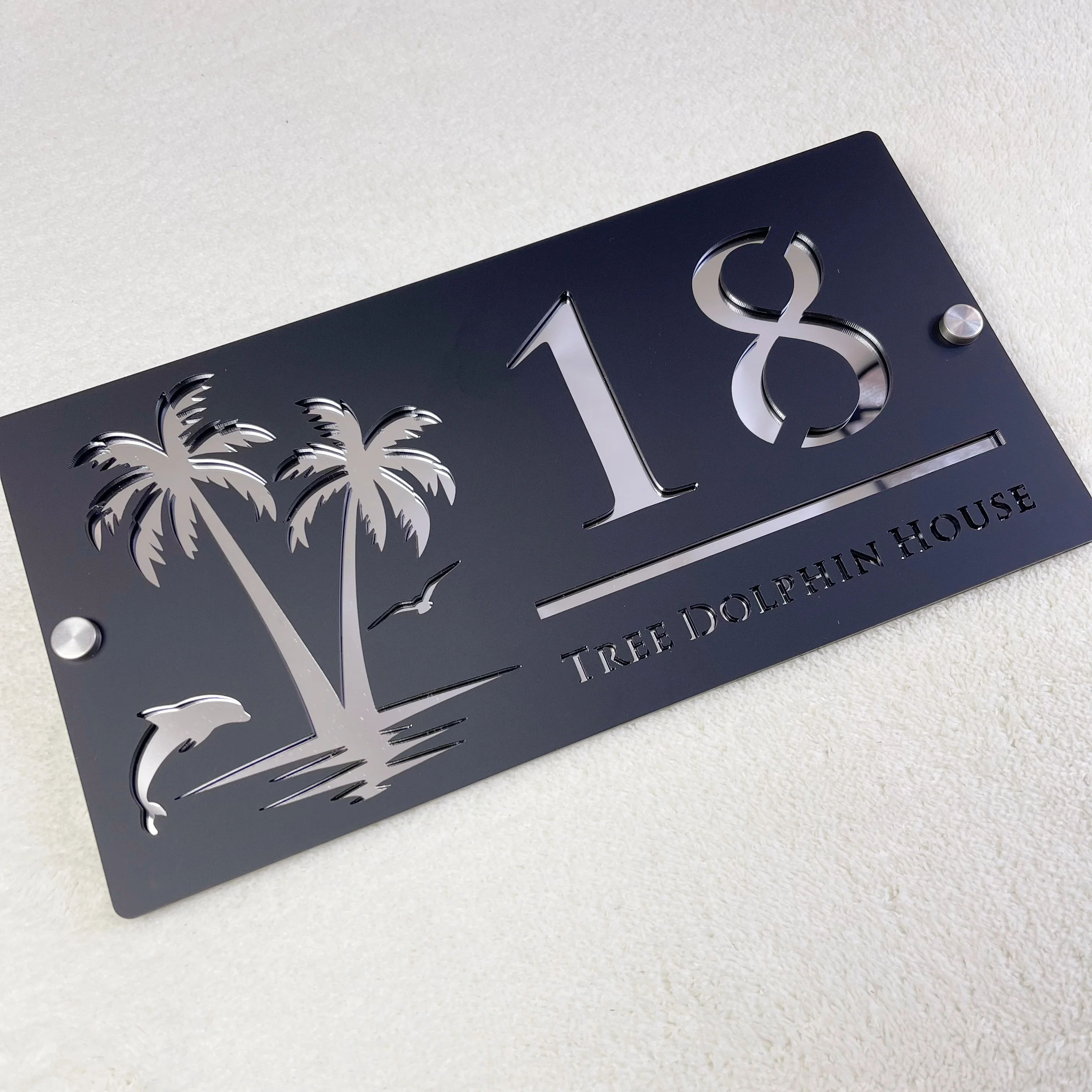 Personalized Acrylic House Number Plaque Outdoor Waterproof Door Sign Custom Address Plate Modern Black Gold Dolphin Palm Tree