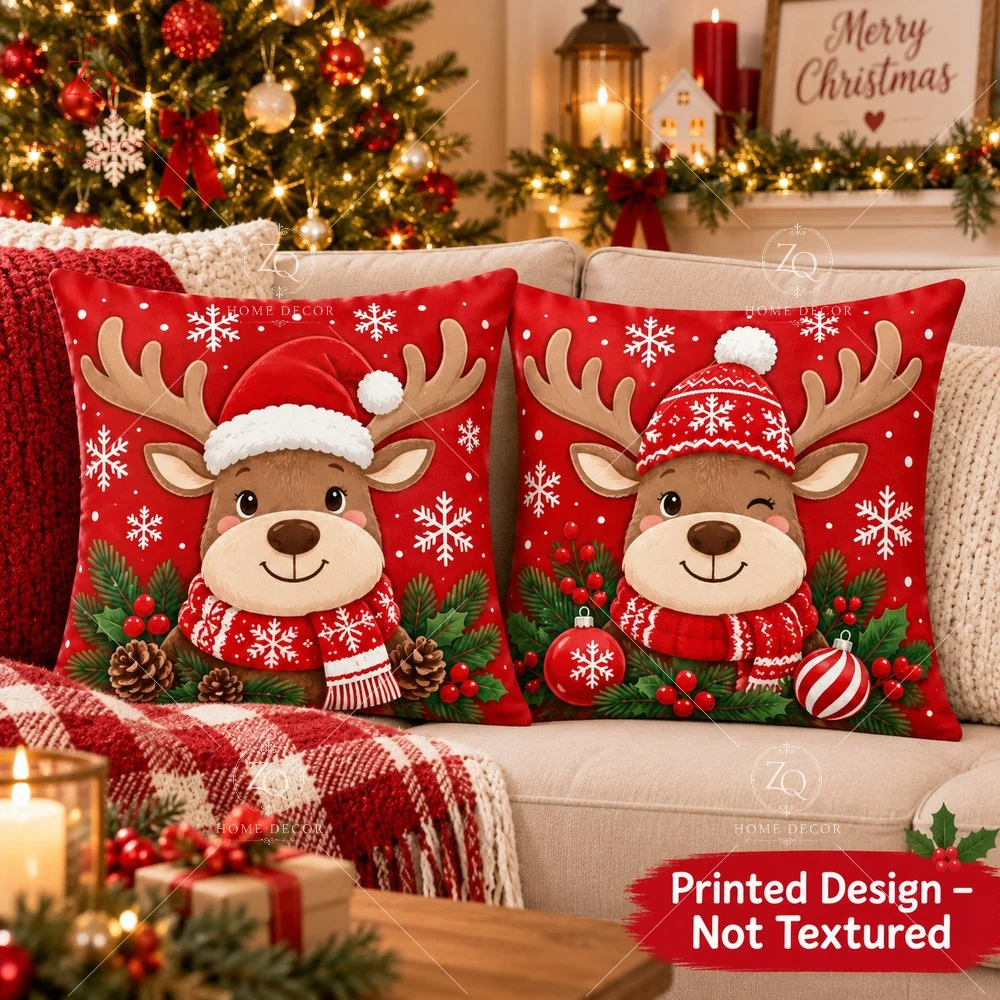 Christmas Reindeer Pillow Cover Peach Skin 2D Flat Printed Red Xmas Cushion Case Cute Deer Snowflake Throw Pillowcase Sofa Decor