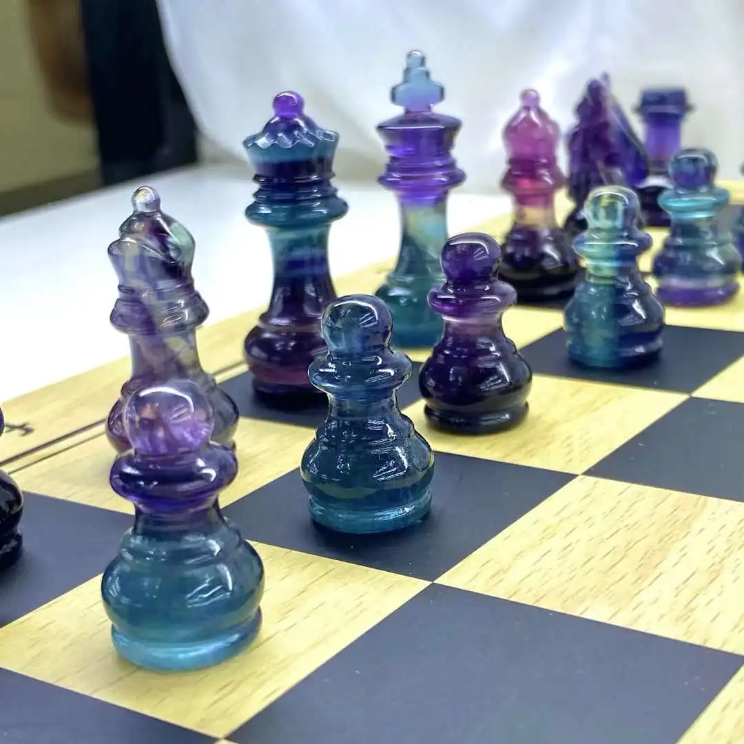 2024 New Arrival Chess Set Made Of Macaron Color Fluorite Crystal Natural Stones Man Gifts Box Father Festive Present Popular