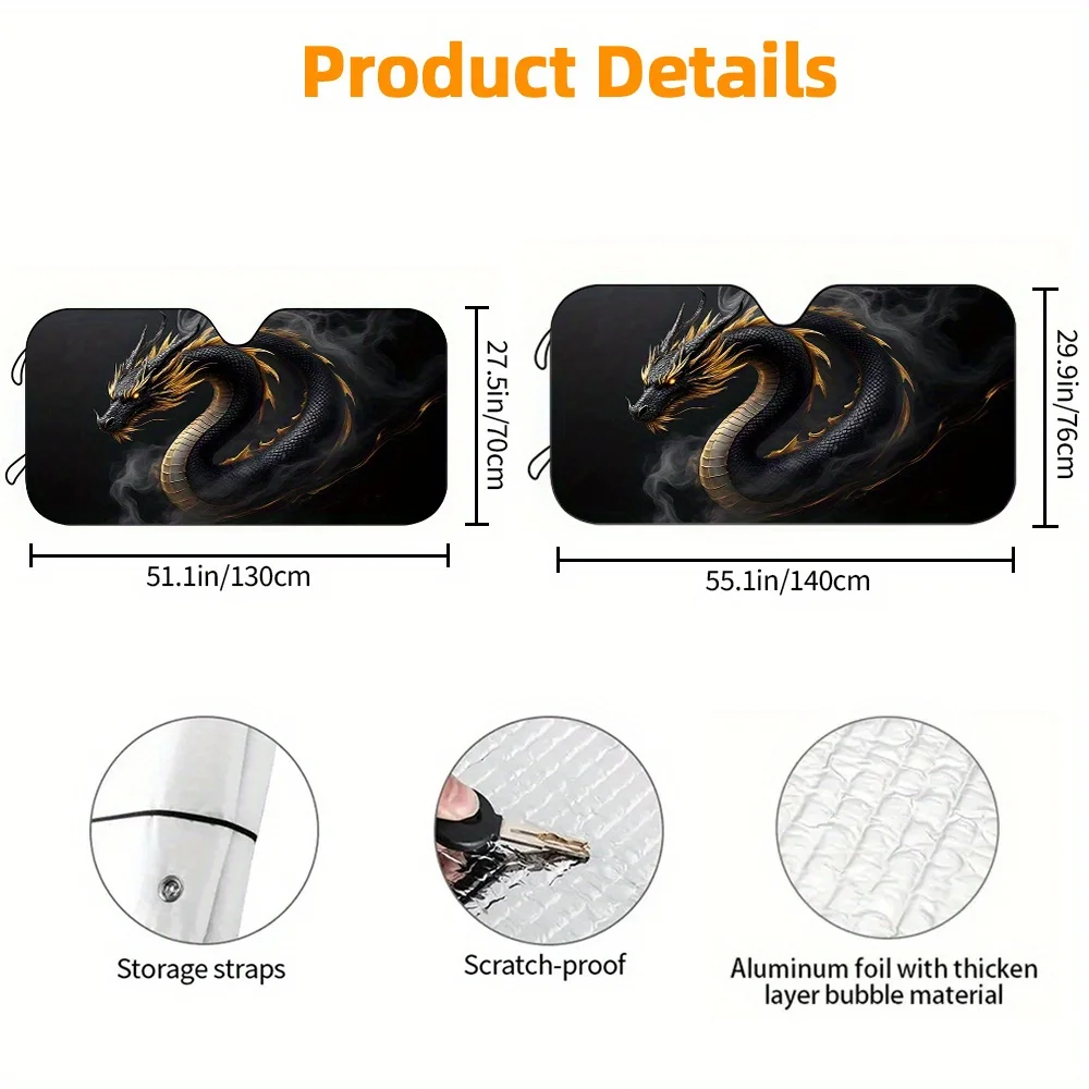 1pc Car Sunshade, Black Golden Divine Dragon Car Sunshade, Front Windshield Sunshade, High-Definition Printed Sunshade, Easy To