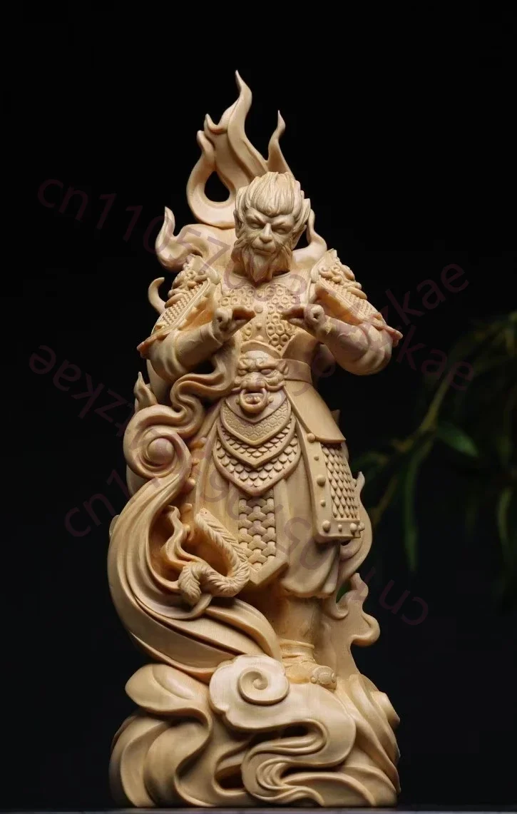 Hand Carved Wooden Monkey King Sun Wukong Black Myth Wukong Statue Figurine Ornament with Flames - Mythical Hero Home Office