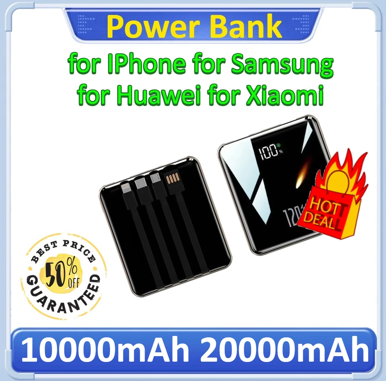 

Ultra Thin Portable Charger with Built-in Cable Super Fast Charging Power Bank For IPhone/Samsung/Xiaomi/HUAWEI 10000/20000mAh