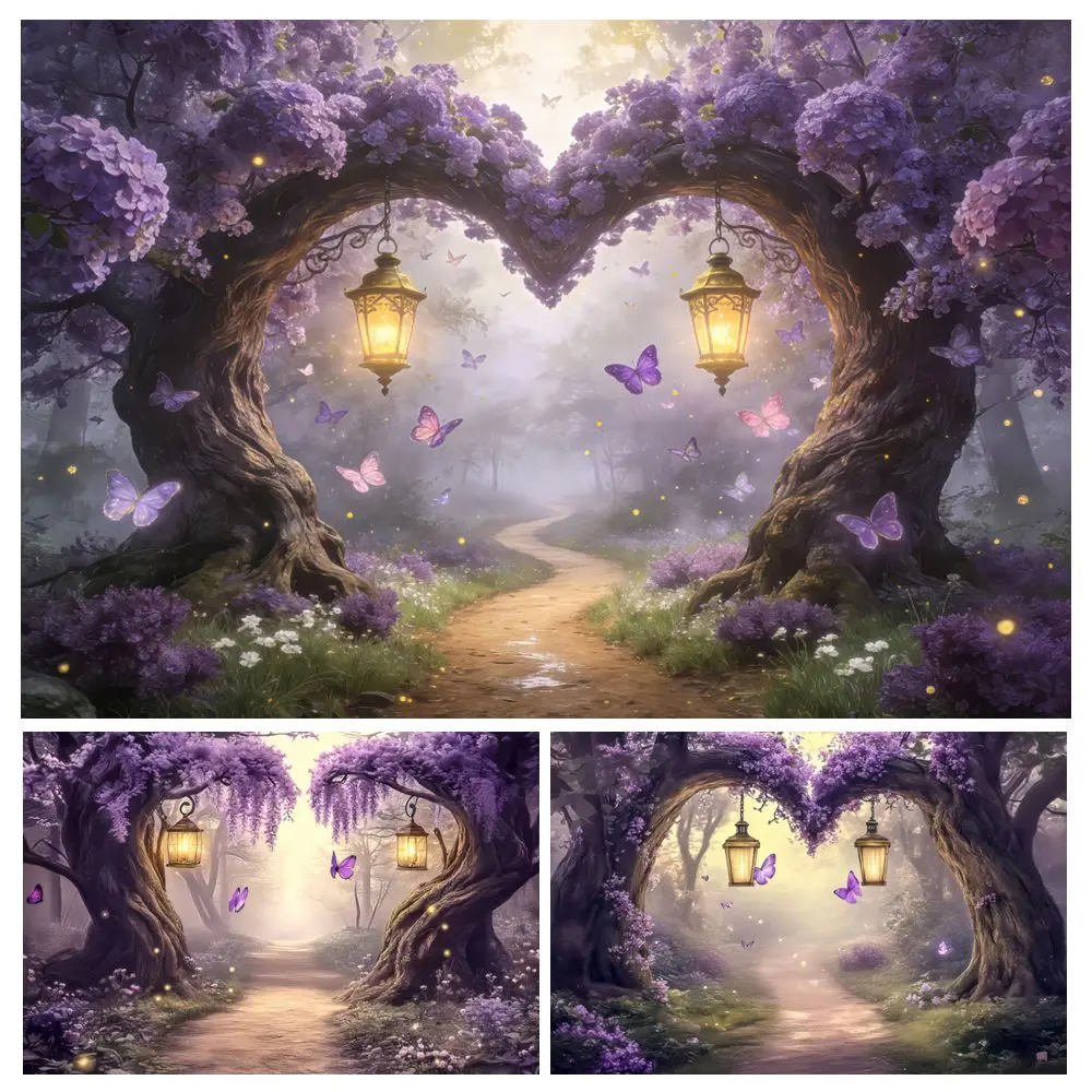 

Dreamy Forest Purple Flowers Tree Backdrop for Baby Shower Kids Birthday Party Decor Wedding Portrait Photography Background