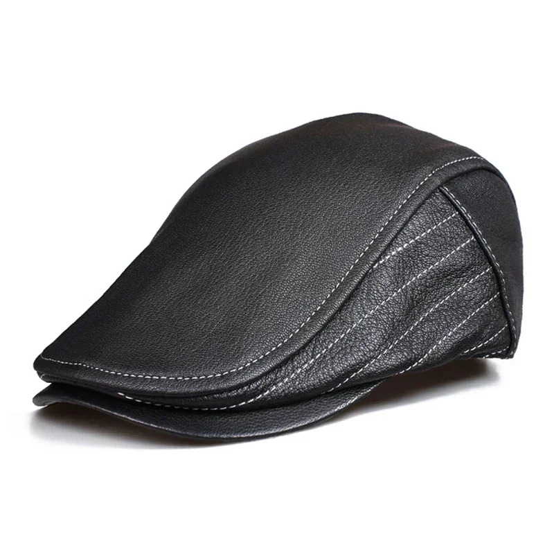 2026 Four Seasons Man Genuine Leather Beret Hats Male Fashion Forward Caps Duckbill Adjustale Casquette Boina Trucker