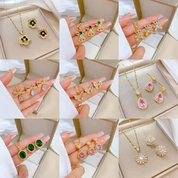 High Grade Zircon Flower Bear Jewelry Set Stainless Steel Geometric Pendant Necklace Earrings Party Gifts For Women Girls