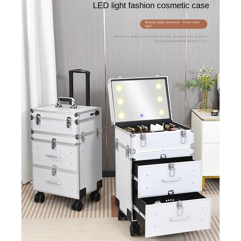 Professional Makeup Case Suitcase Lights Trolley Luggage Three Layers Makeup Artist Rolling Cosmetic Bag Storage Toolbox