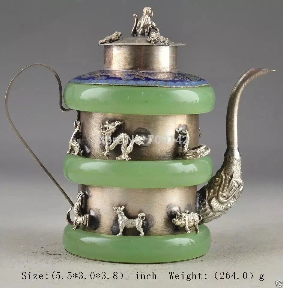 

Decoration Ancient Handmade Jade Inlay silver 12 Zodiac TeaPot monkey lid Tea pot Handwork Statue Tibet Miao Antique Old Silver