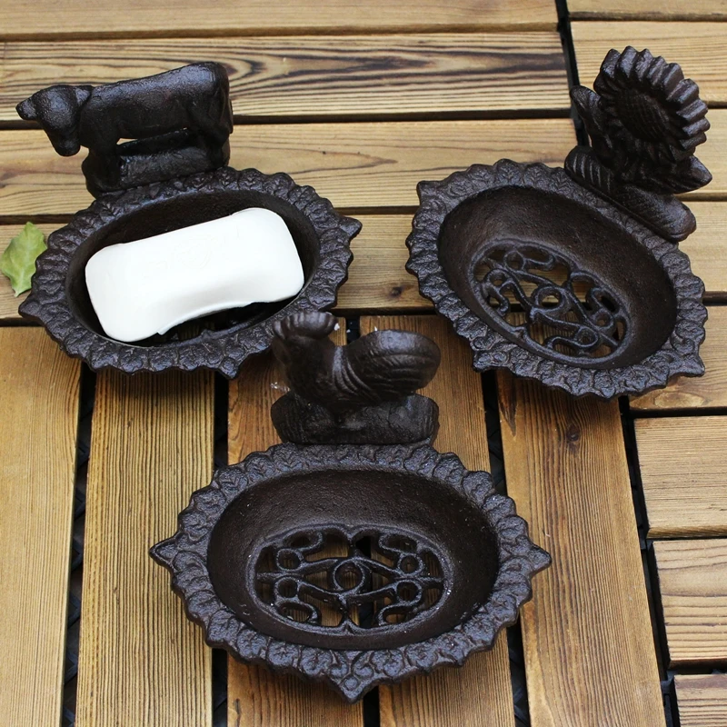 Cow Rooster Sunflower Cast Iron Soap Dish Farmhouse Heavy Duty Drainable Kitchen Soap Holder Bathroom Decorative Accesories