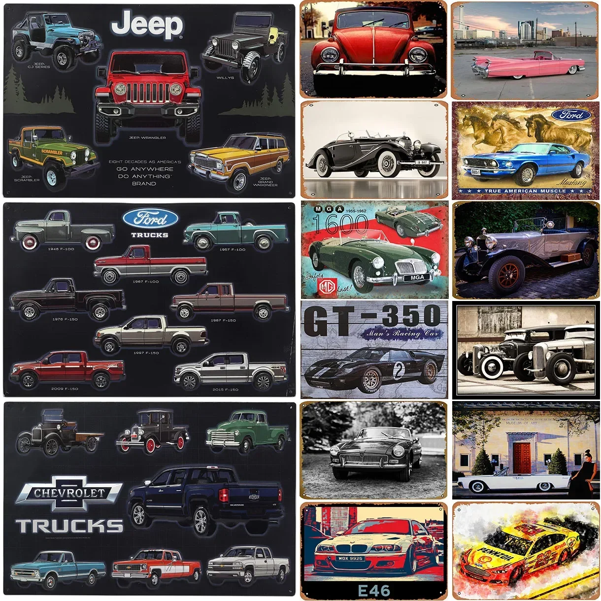 

Classic Car Metal Tin Signs Jeep Ford Chevrolet Poster Plate Wall Decor for Garage Bars Man Cave Cafe Clubs Retro Posters Plaque