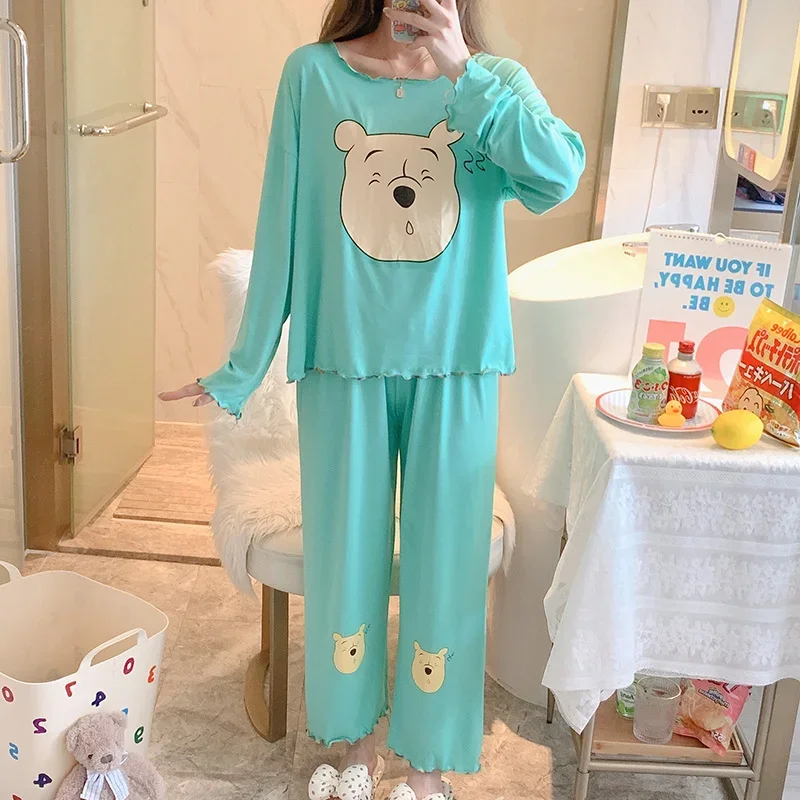 Disney cartoon animation Mickey women\'s pajamas autumn new long-sleeved round neck curling edge outdoor loungewear set