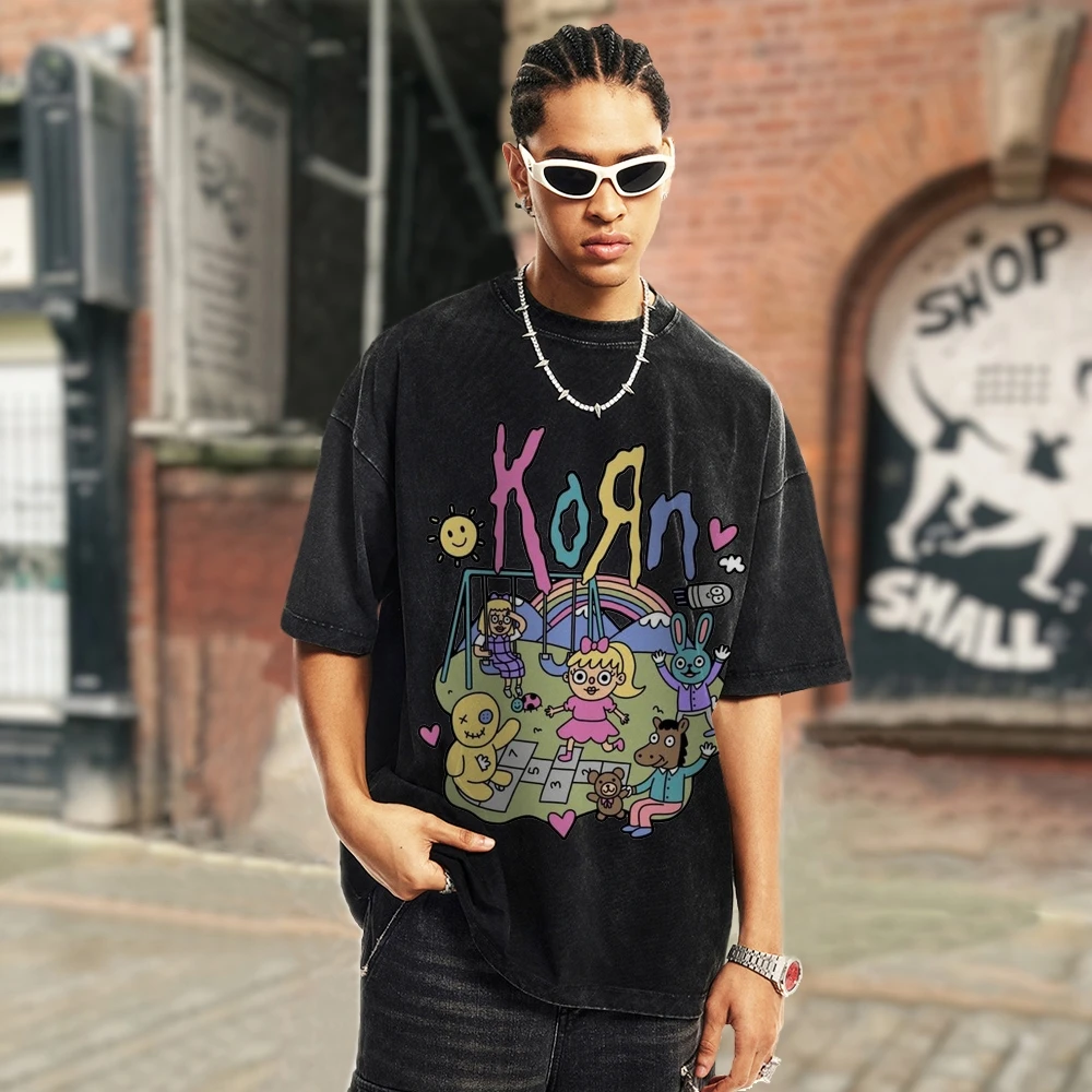 Fashion Trend New T-Shirt Anthropomorphic Animal And Little Girl Amusement Park Print Washed Denim Loose Short Sleeves
