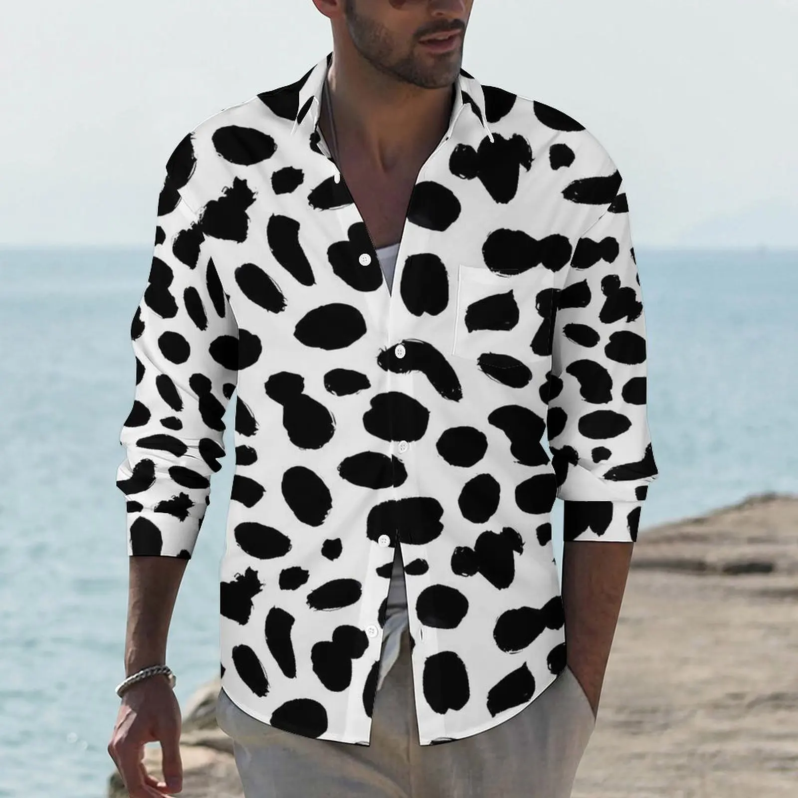 Dalmatian Print Y2K Casual Shirt Men Black Spots Shirt Autumn Retro Blouses Long Sleeve Pattern Oversized Clothing