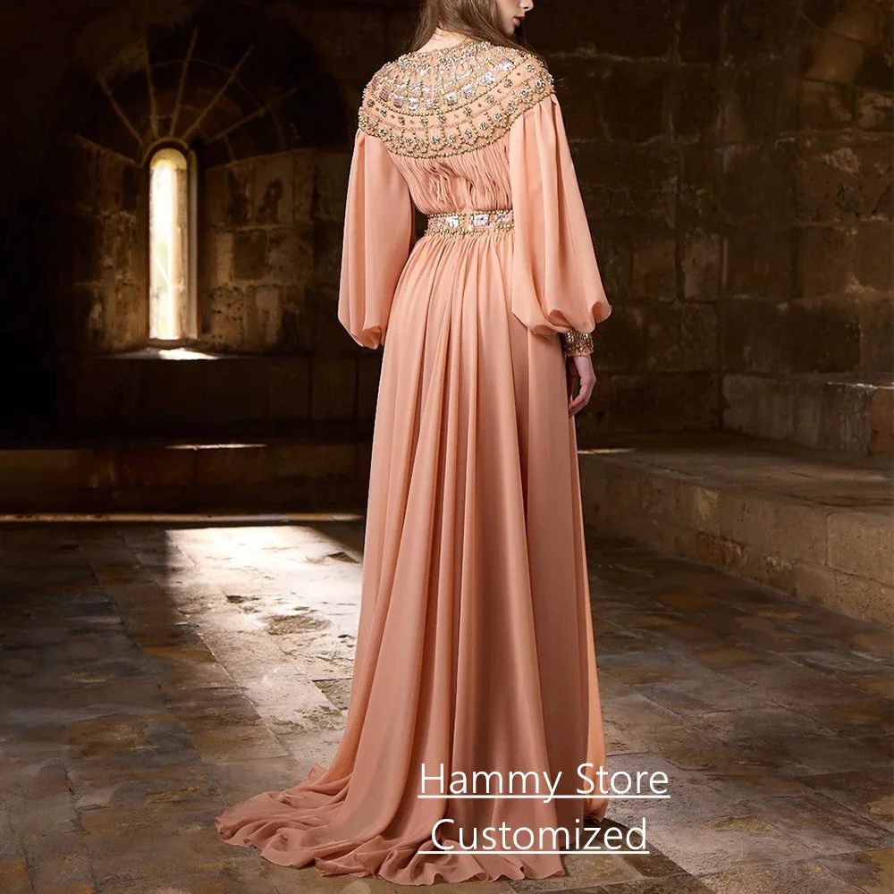 Woman Evening Dress Customized Round Neck Puff Sleeves Pearls Stones Chiffon Sweep Train Prom Gown Abaya Party Dresses
