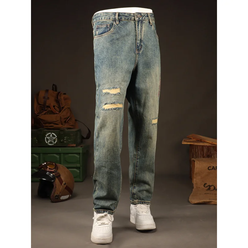 2025 موضة الشارع ملابس للرجال الأمريكية الرجعية الجينز الرجال فضفاض مستقيم أنبوب ثقب التصحيح الشباب السراويل الطويلة