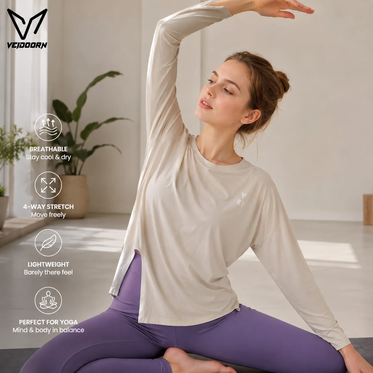 Veidoorn Women's Modal Long Sleeve T-Shirt Athletic Workout Yoga Top Side Split Hem Casual Loose Fit Soft Breathable Tees