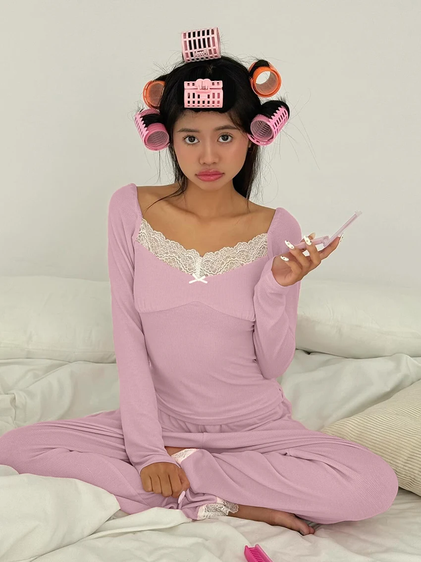 

Marthaqiqi Lace Women'S Nightwear 2 Piece Suit Sexy V-Neck Sleepwear Long Sleeve Nightgowns Pants Casual Ladies Pajamas Set Pink