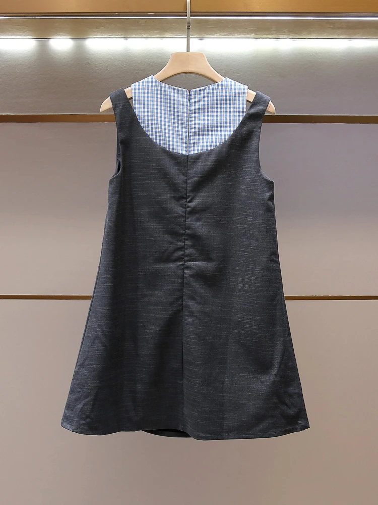 Women's Summer Age Reducing College Style Design with Grid Pattern Patchwork Sleeveless Vest Dress for Women