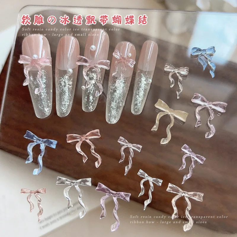 

30PCS Fairy Ice Transparent Pink Blue Long Tail Ribbon Bow Soft Carved Resin Nail Art Rhinestones Decorations Manicure Ornaments