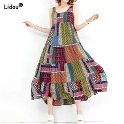 Bohemian O-neck Sleeveless Loose Waist Vintage Fashion Dress Straight Print Retro Patchwork Summer Mid Calf Women Female 2022