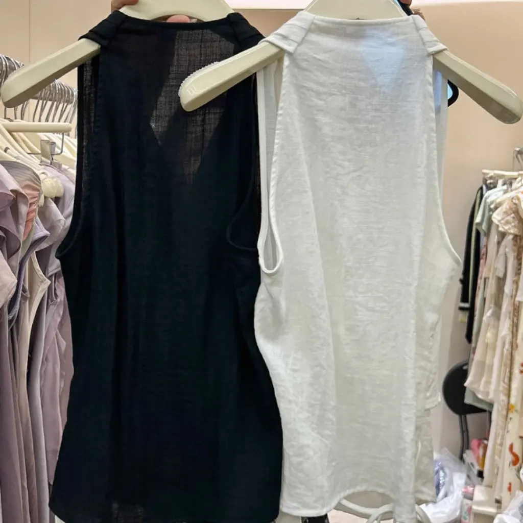 

Women's Sleeveless Halter Vest Thirteen Lines Summer New Style French V Neck Cross Slimming Elegant Yellow Top