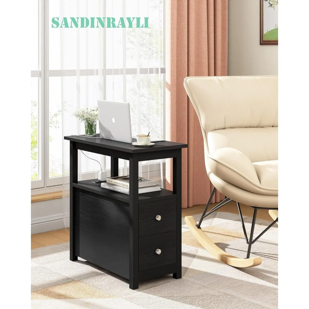 طقم طاولة جانبية للسرير من Sandinrayli مكون من قطعتين، طاولة نهائية سوداء لغرفة المعيشة، طاولات جانبية مع قاعدة شحن، منضدة مع 2 USB Po