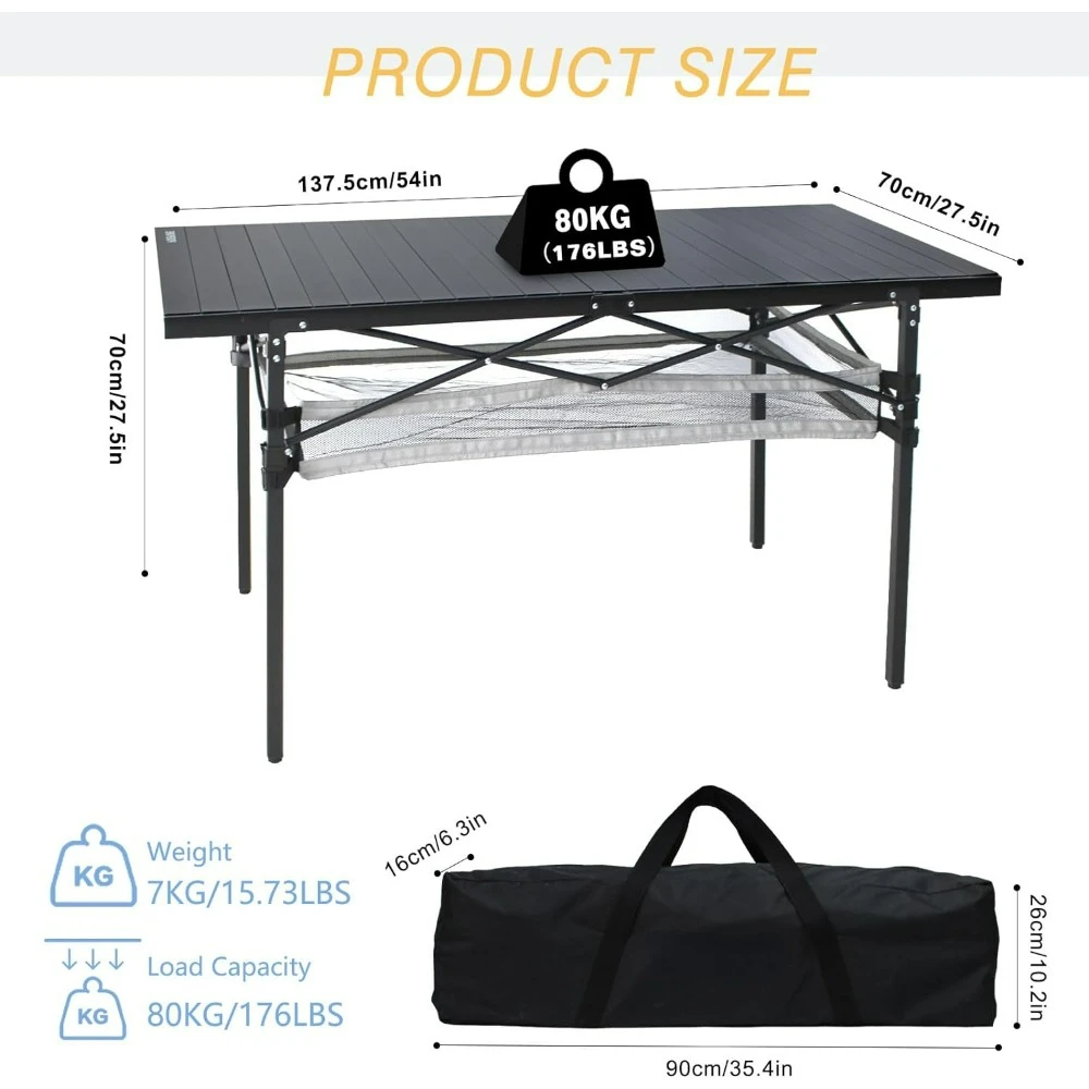 Mesa de Camping plegable grande de aluminio con almacenamiento para 4-6 personas, mesa plegable portátil para exteriores de 54 \