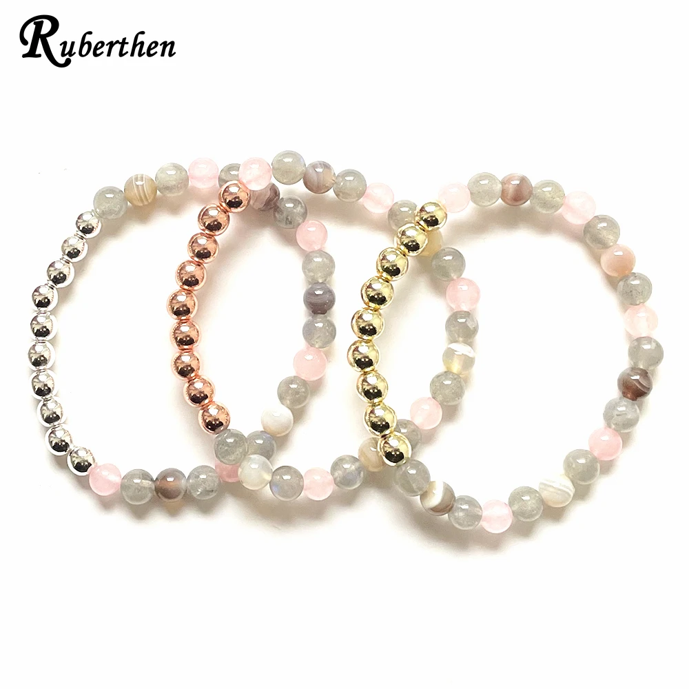 Ruberthen New Design 6 MM Botswana Agate Madagascar Rose Quartz Labradorite Mixed Bracelet Womens Cooper Beads Yoga Wrist Mala