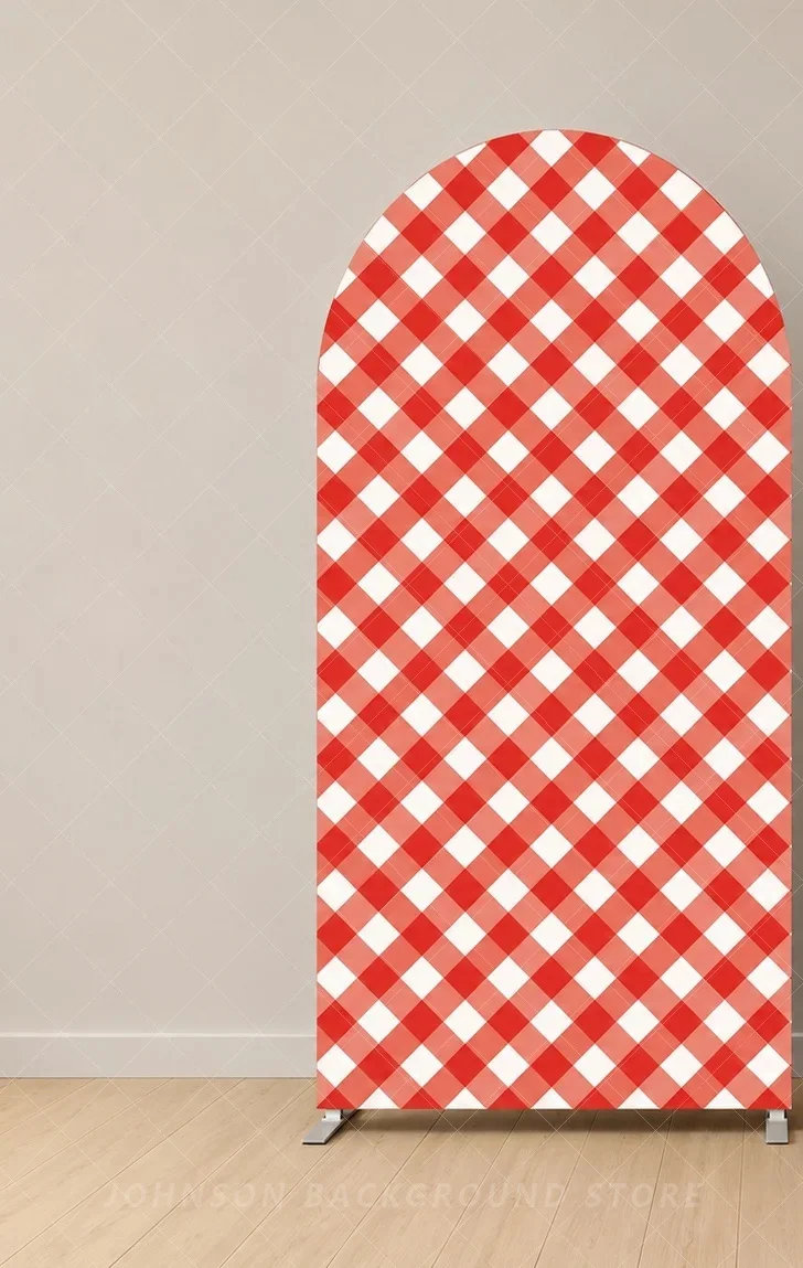 Red Gingham Double Arch Backdrop Cover Red White Checkered Plaid Solid Red Birthday Baby Shower Wedding Party Event background