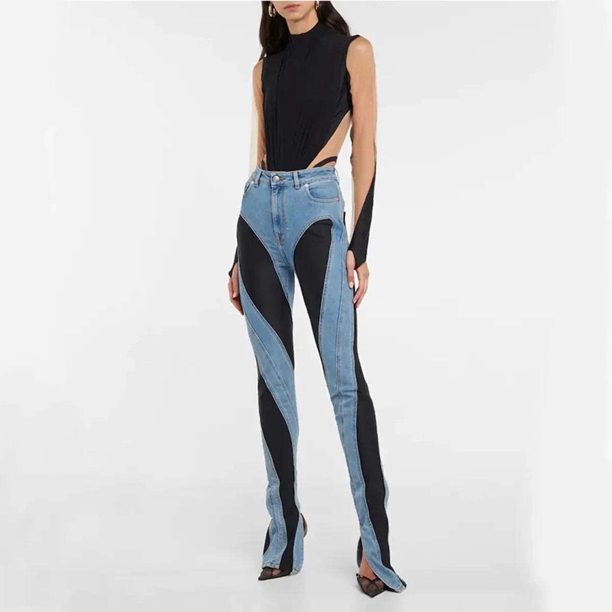 Jeans di colore a contrasto di Design di nicchia per le donne 2024 autunno Sexy Hot Girl Slim gambe lunghe pantaloni a vita alta Jeans blu per le