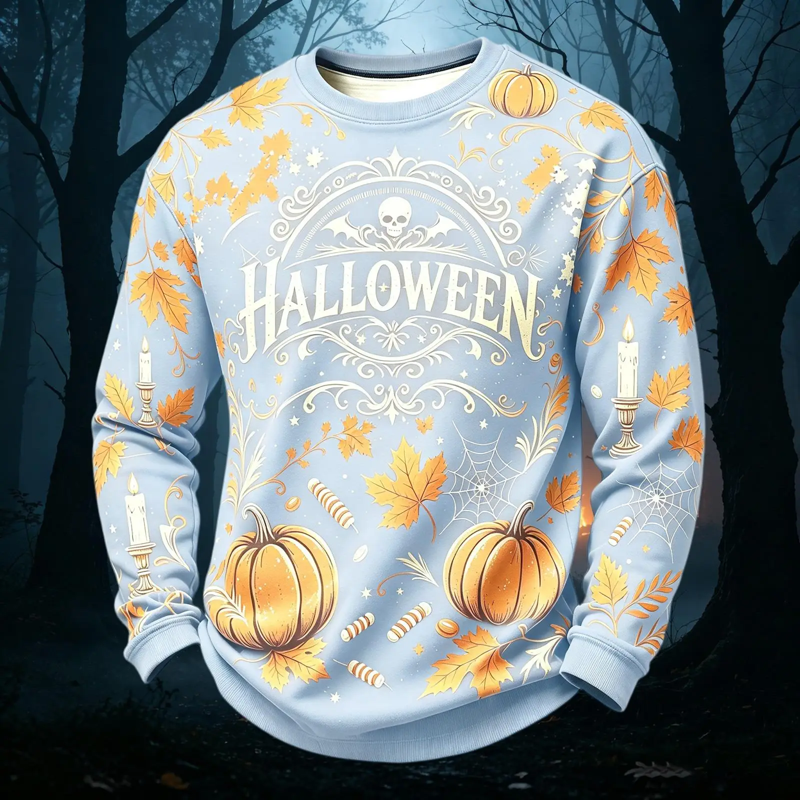 Vintage Halloween Pumpkin Maple Web Candle Skull Print Multicolor Crewneck Sweatshirt