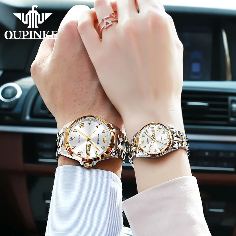 OUPINKE Original Couple Watches Automatic Mechanical Tungsten steel Wristwatch Japan Movement Watch His or Hers Couple Watch Set