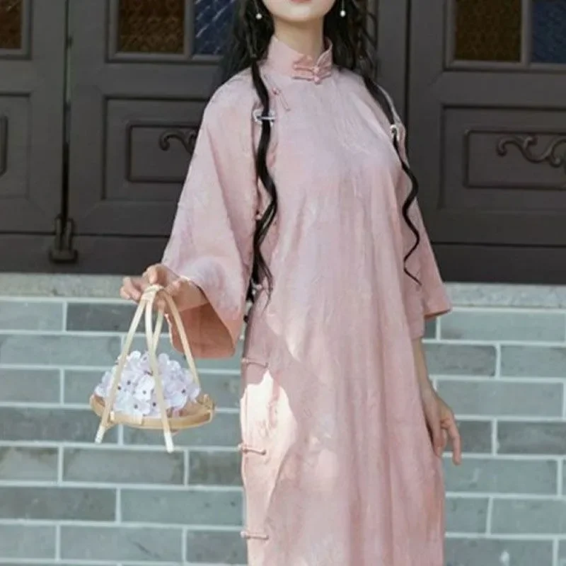 Summer Chinese Traditional Girl Qipao Dress Pink Stand Up Collar Mid Sleeve Modified Modern Cheongsam Vestidos De Verano Mujer