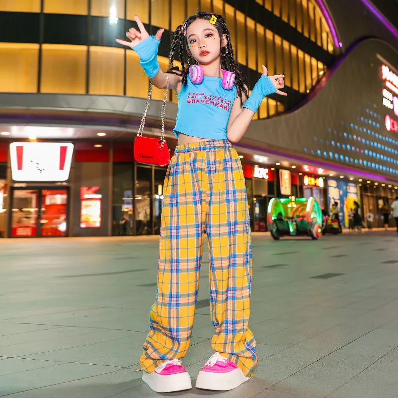 Girl Hip Hop Clothes Crop Top Yellow Plaid Cargo Pants Suit Girls\' Summer Stage Jazz Dance Spicy Girls\' Performance Clothes