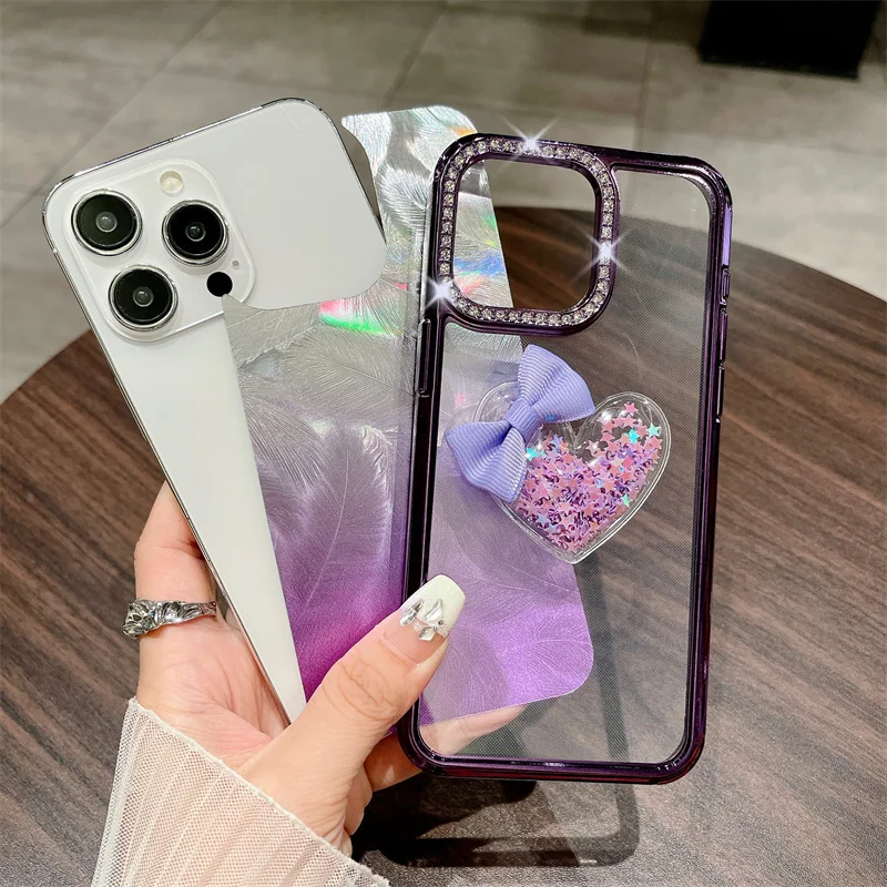 Lens Diamond Gradient Feather Love Sparkling Pink Phone Case For iPhone 15 14 13 12 11 Pro Max Phone Cover