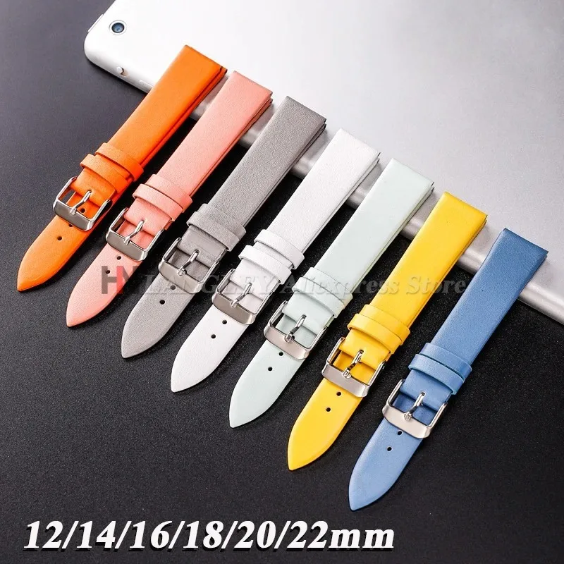 12/14/16/18/20/22mm Cowhide Leather Watch Band Ultra Thin Watch Strap Plain Weave Needle Pattern Colorful Belt Replacement Belts