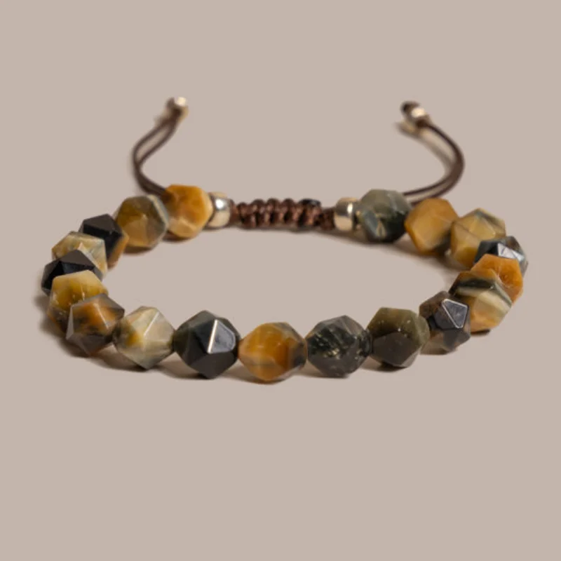 CCGOOD 8mm Tiger's Eye Bracelet for Men Faceted Courage Beads Adjustable Spiritual Jewelry Gift for Dad Yoga Career Success