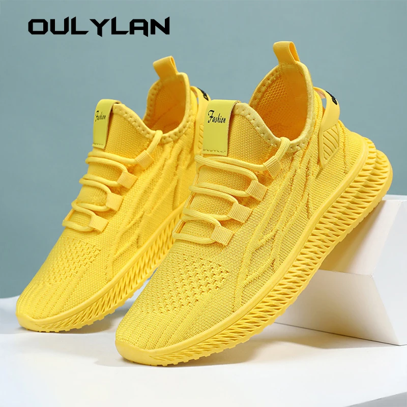 Trendy Summer Comfortable Sneakers Women Outdoor Casual Running Shoes Women\'s Knit Mesh Breathable Sports Shoes Red Yellow