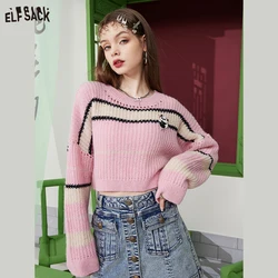 ELFSACK Mohair Short Pink Sweaters Women 2023 Spring Loose Casual Tops