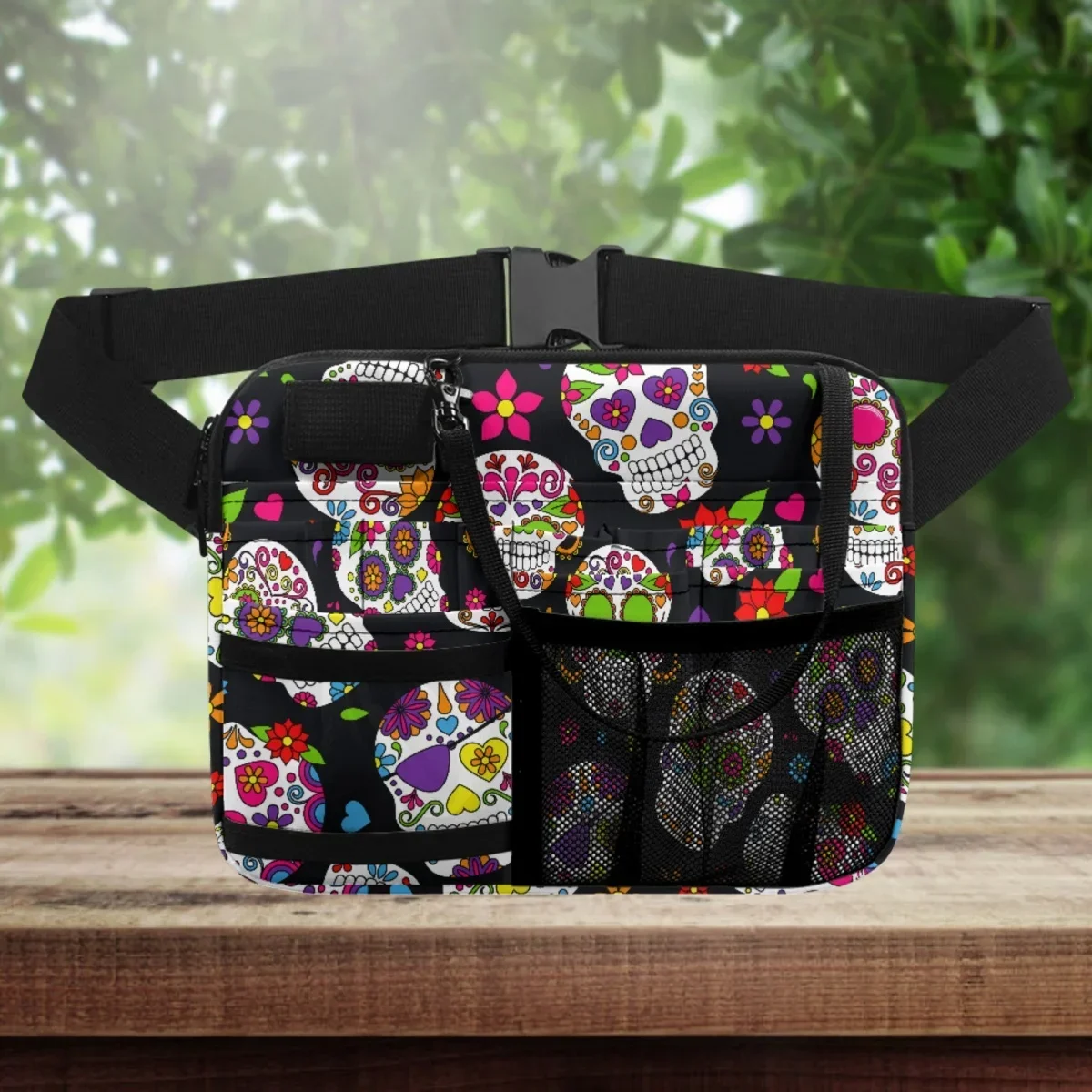 Designer de crânio de açúcar Fanny Pack Suporte para ferramentas de enfermagem para hospital, Bolsa de organizador médico para mulheres, presente de Halloween