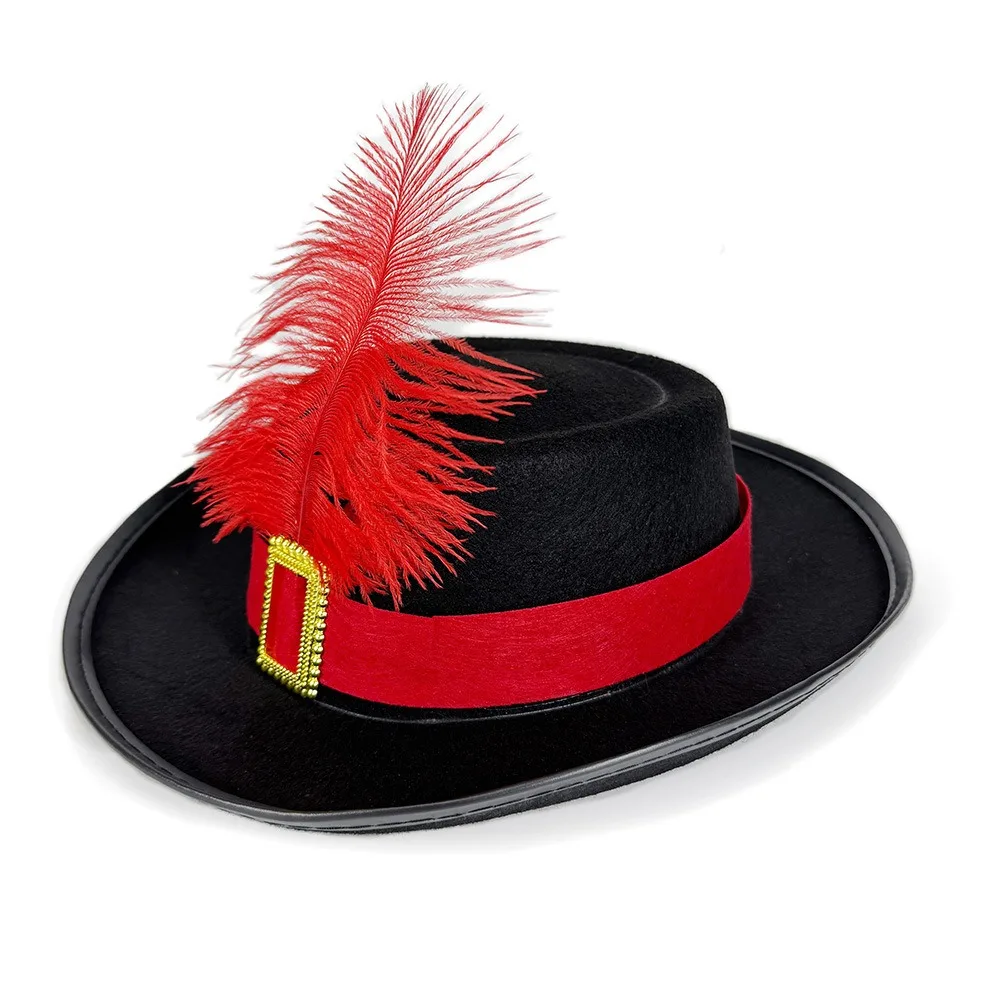Sombrero de disfraz de mosquetero negro Vintage con plumas puesta en escena disfraz de vacaciones sombrero de copa sombrero de mago sombrero de Cosplay para niños