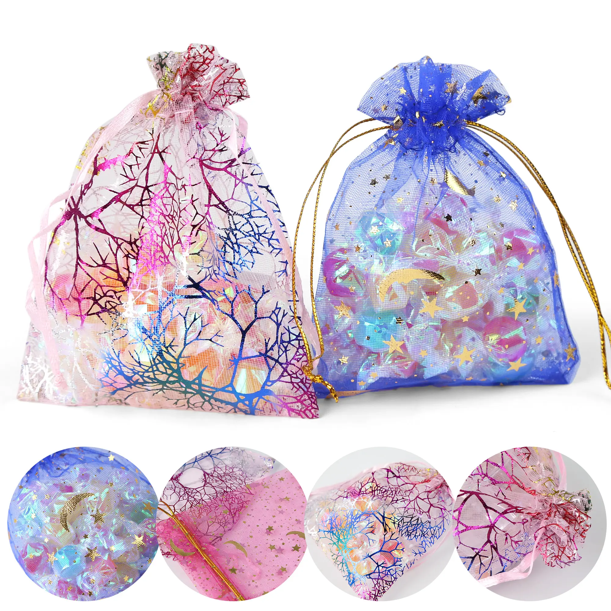 100PCS 2Styles Drawstring Organza Bags Jewelry Gift Bags Pouches Gold Star Organza Favor Pouches for Christmas Wedding view 4